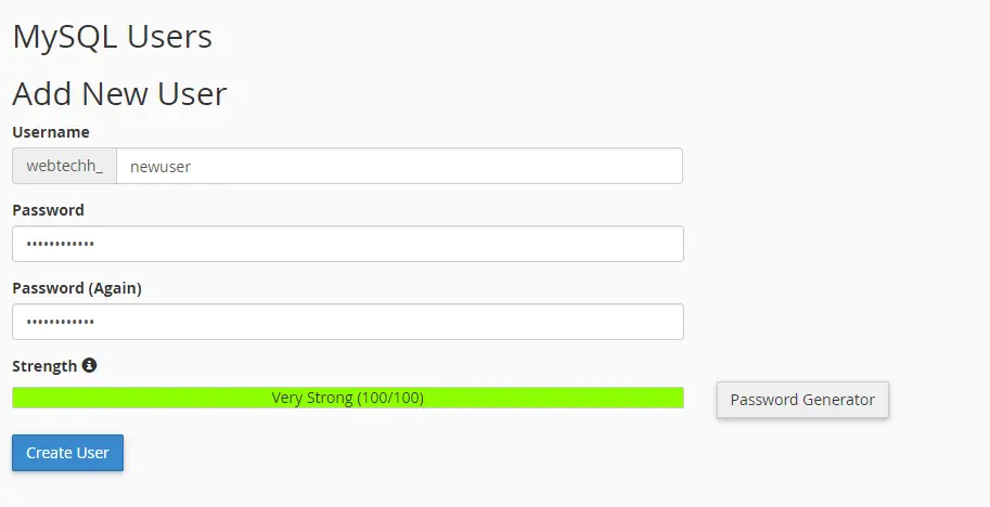 Create a new user for MySQL database