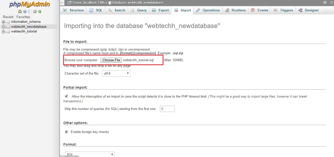 Import SQL file from phpMyAdmin