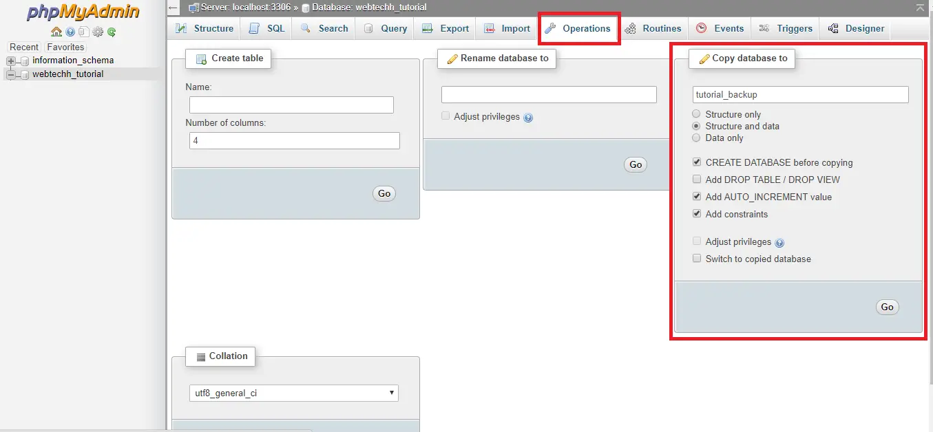 Go to Operations from phpMyAdmin