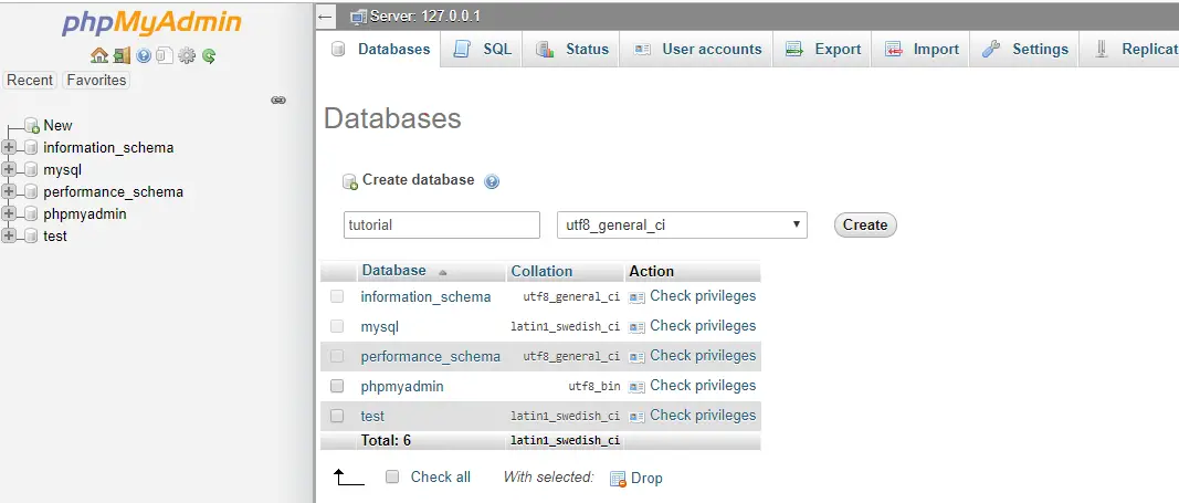 Create MySQL database using phpMyAdmin